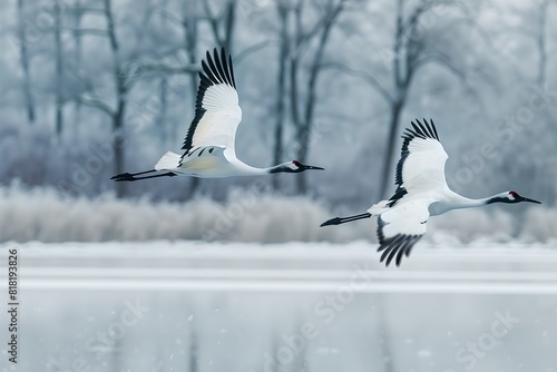 Elegant cranes fly over a calm lake in winter. The serene snowy landscape enhances the beauty of the shot. The image style is peaceful and natural. Perfect for nature-themed projects Generative AI photo