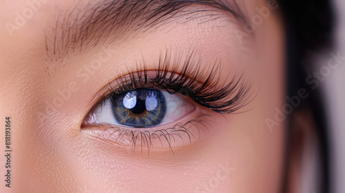 Eyelash extension procedure. Beautiful female asian eyes with long lashes closeup.Generative AI