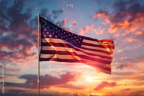 Stunning American Flag Image with Vivid Sky Background. Vibrant sunset creates a dramatic scene. Suitable for patriotic themes and inspirational purposes. Generative AI. photo