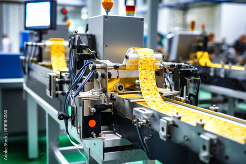 A pasta factory machine adorned with a vibrant yellow ribbon  adding a touch of whimsy to the industrial setting