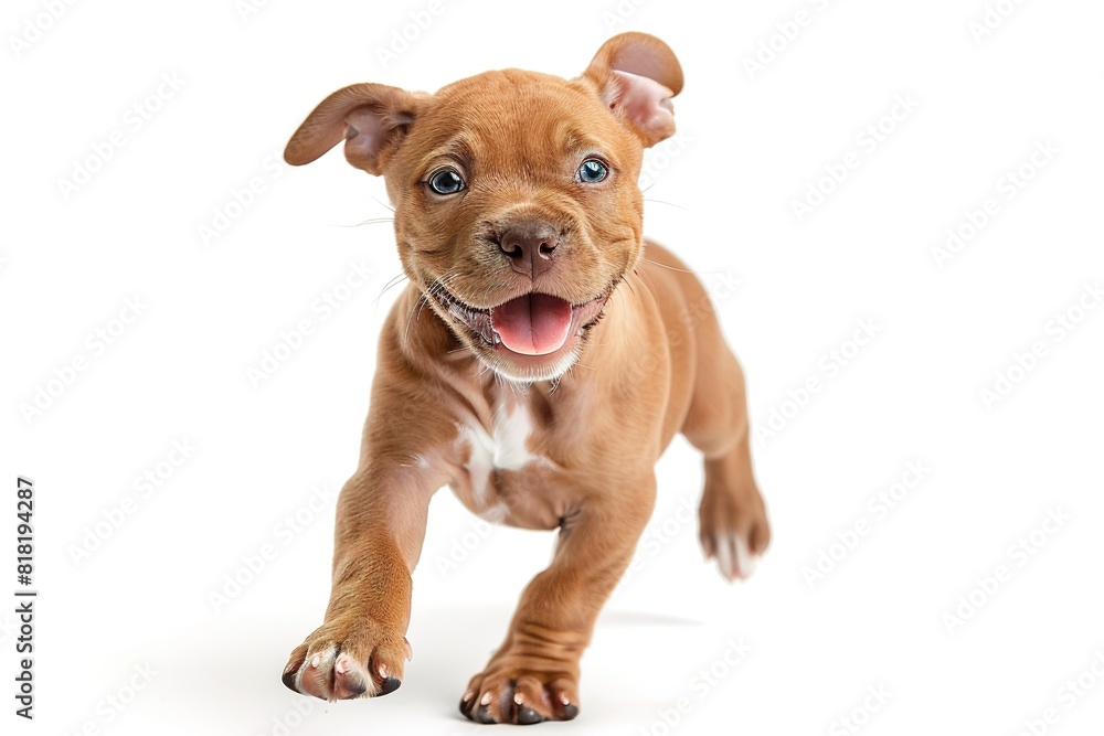 A happy brown and white puppy is smiling and running on a white background A happy brown and white puppy is smiling and running on a white background
