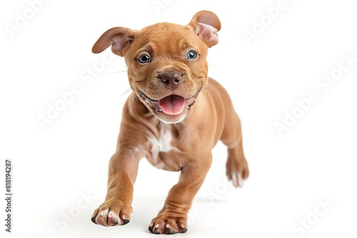A happy brown and white puppy is smiling and running on a white background