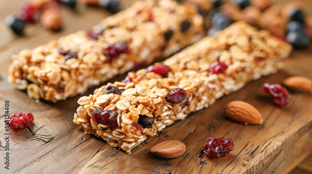 Close-up of nutritious granola bars with nuts and dried berries.Generative AI Close-up of nutritious granola bars with nuts and dried berries.Generative AI