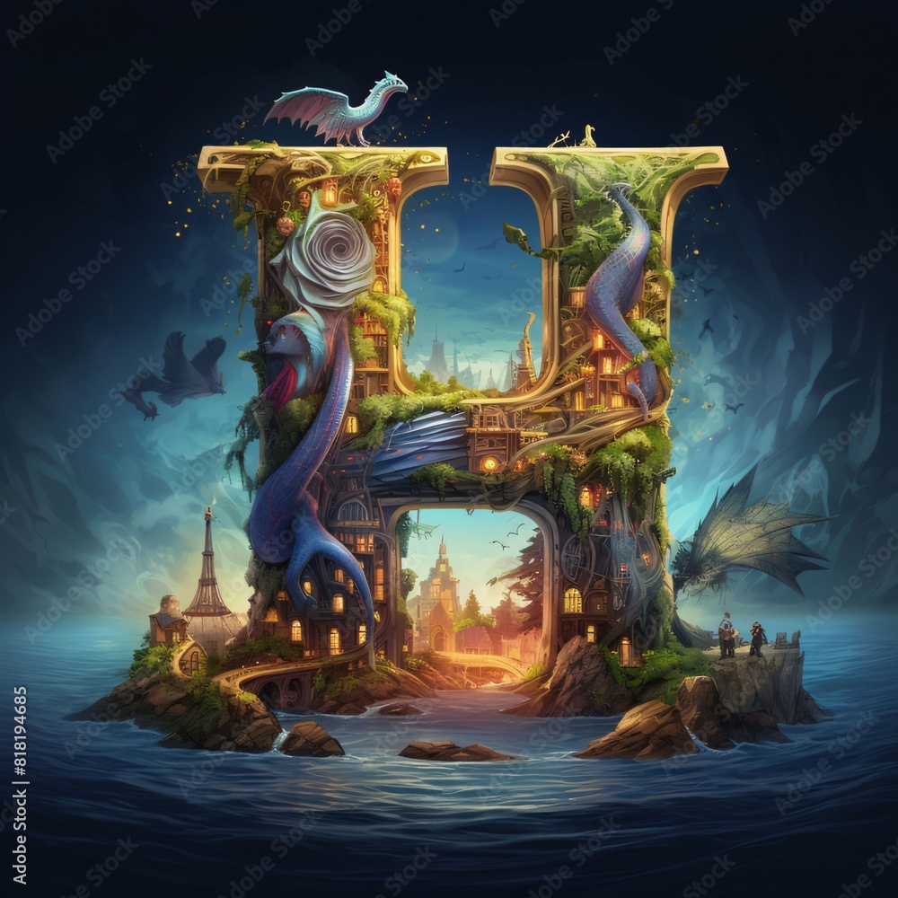 Fantasy letter H in the sea. Fantasy font. Fantasy alphabet. Stock ...