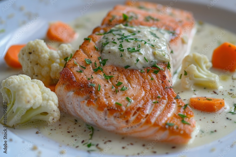 Breaded Salmon, Trout Fillet in Cream Sauce, Red Fish Meat with Cauliflower and Carrots Closeup