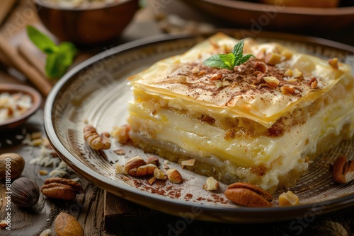 Umm Ali Egyptian Dessert, Egyptian Bread Pudding Made with Sweet Pastry Dough Layers, Milk, Sugar photo