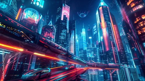 A futuristic metropolis illuminated by neon lights and holographic projections, with towering skyscrapers and sleek monorails traversing the cityscape, photo