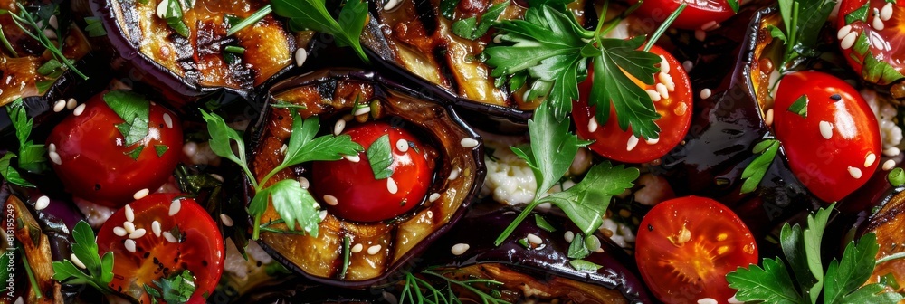 Vegetarian Eggplant Salad with Baked Aubergine, Cherry Tomatoes and Cilantro Close Up