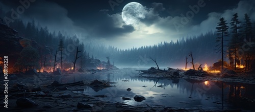 Fantasy landscape with spooky forest and river at night.