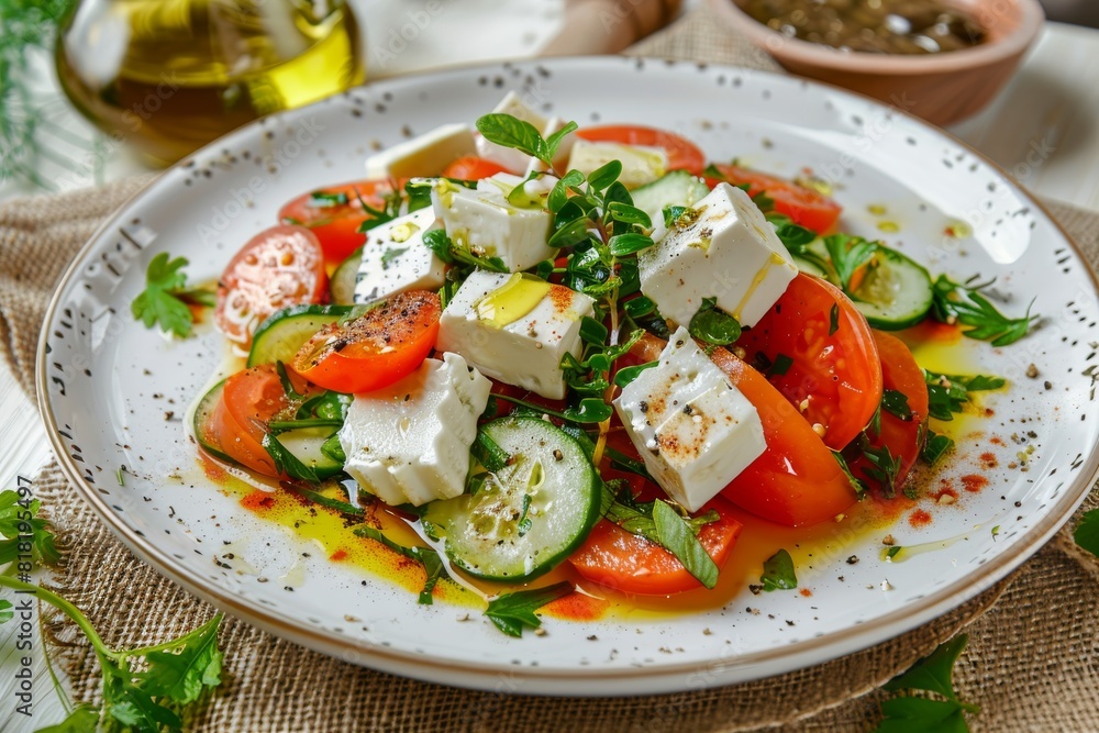 Vegetable Salad, Vegetarian Salat with Smoked Cheese, Sliced Cucumbers, Tomatoes and Greens Vegetable Salad, Vegetarian Salat with Smoked Cheese, Sliced Cucumbers, Tomatoes and Greens