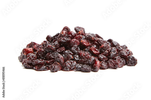 Pile of dried cranberries set isolated on white background. Deep red, wrinkled textures and glossy surfaces, preserved state. Healthy snacks, baking ingredients, or natural food products
