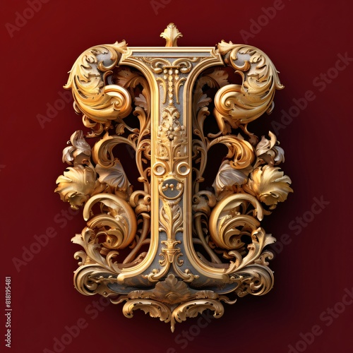 Luxury golden capital letter I decorated with baroque elements.