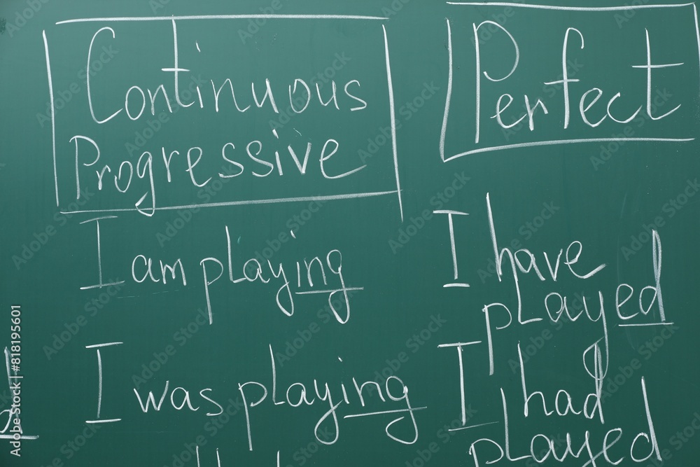 English grammar rules written with chalk on green board English grammar rules written with chalk on green board