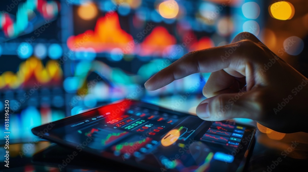 Close-up of a hand holding a tablet showing stock market data with a finger pointing, stock exchange in the background