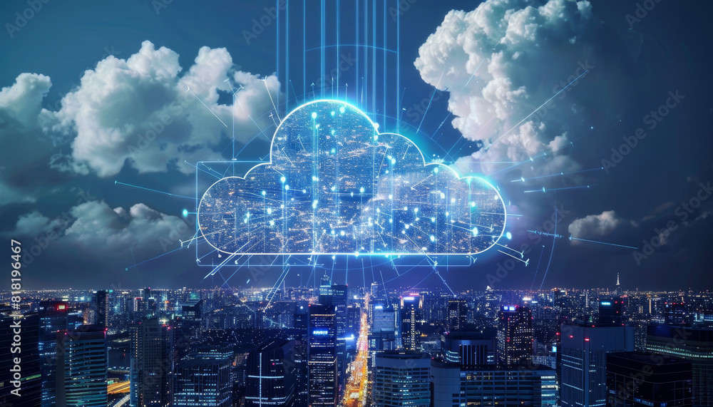 A cloud of data is projected onto a city skyline by AI generated image ...
