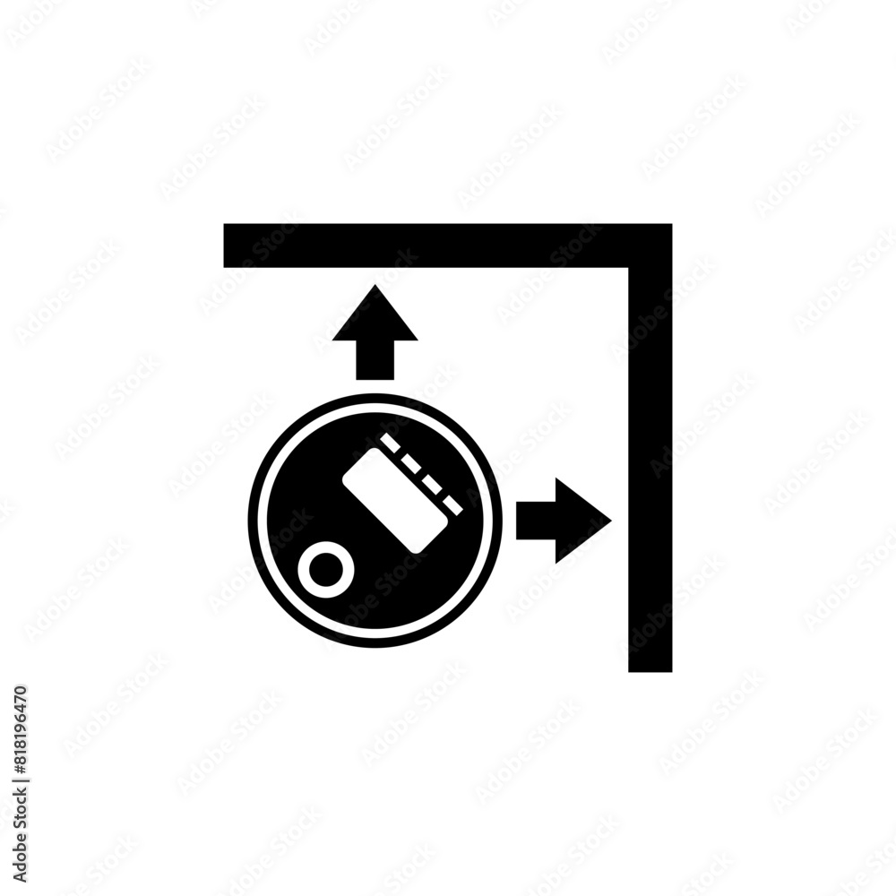 Graphic representation of a robot vacuum cleaner navigating in a corner, illustrating its ability to maneuver in tight spaces.