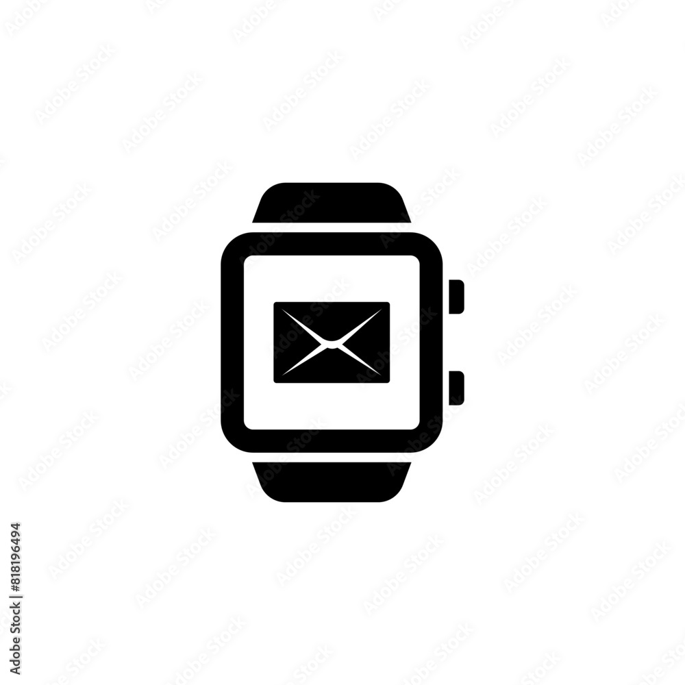 A simple black and white vector illustration of a smartwatch with an envelope icon displayed on the screen, indicating a new email or message notification. A simple black and white vector illustration of a smartwatch with an envelope icon displayed on the screen, indicating a new email or message notification.