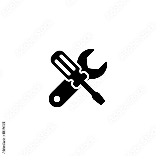 A simple black and white icon depicting a crossed wrench and screwdriver, representing repair, maintenance, or technical support services.