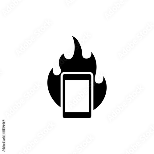 An illustration depicting a smartphone surrounded by flames, symbolizing the overheating or potential safety issues with electronic devices.