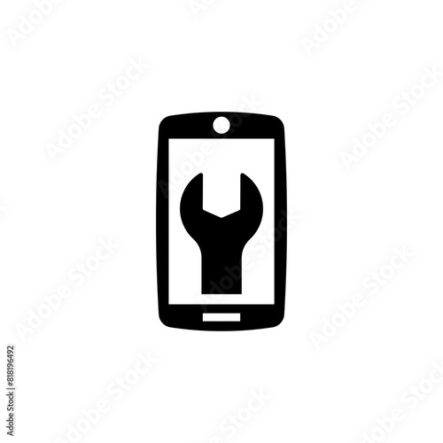 A minimalist black and white icon depicting a smartphone with a wrench tool icon, representing mobile device repair, configuration, or troubleshooting