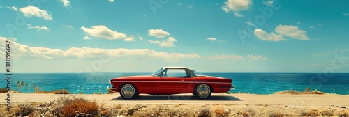 A red car is parked on a beach next to the ocean