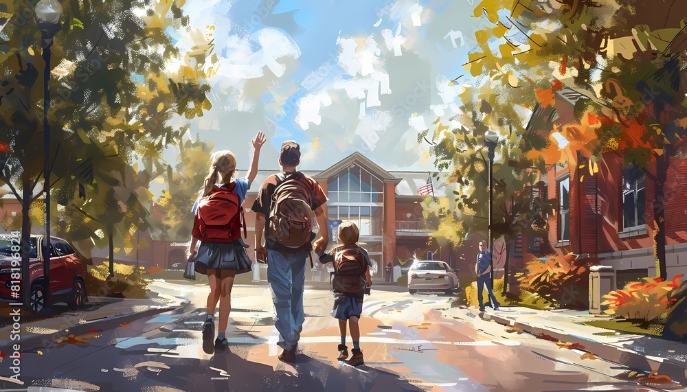 Obraz premium Parents dropping off their children at school, kids waving goodbye, no text