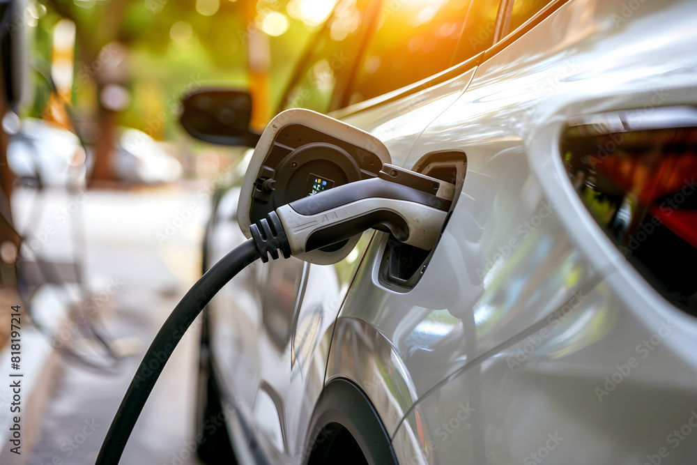 An electric car at a charging station with the power cable supply plugged in, showcasing the modern and sustainable transportation technology An electric car at a charging station with the power cable supply plugged in, showcasing the modern and sustainable transportation technology