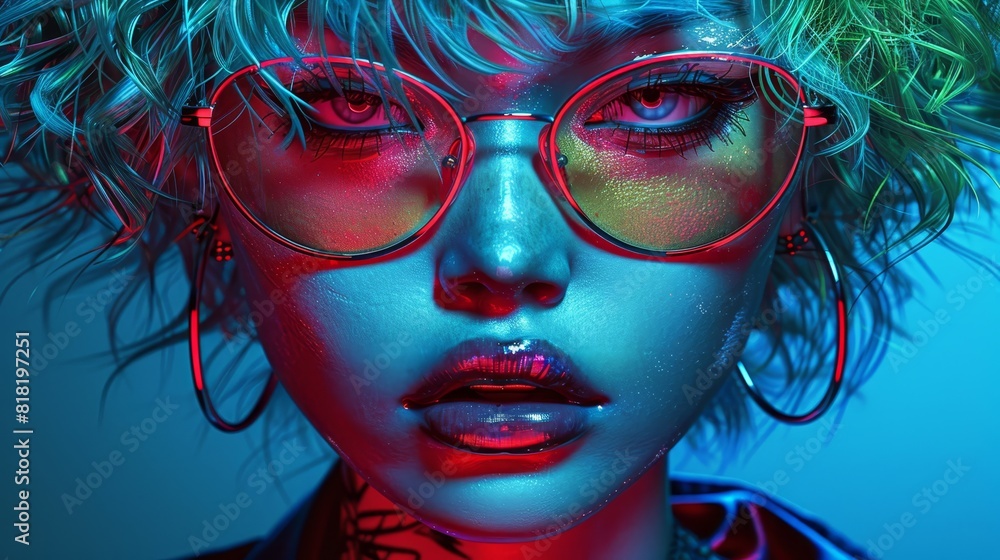 A tight shot of an individual donning red spectacles and neon makeup on their face A tight shot of an individual donning red spectacles and neon makeup on their face