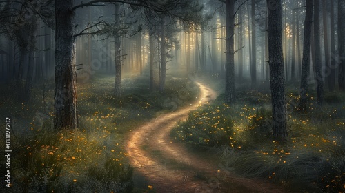  A painting of a forest path  bordered by yellow flowers in the foreground  and trees in the background