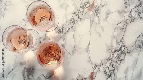  Three wine glasses atop marble counter, one with a rose in a separate glass