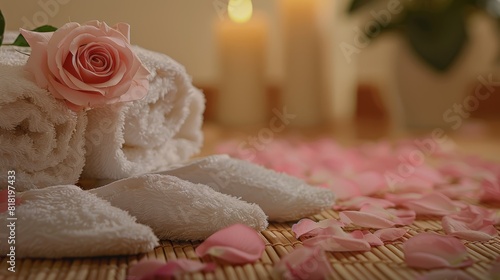  A few towels atop a bed, next to a pink rose on a bamboo mat © Jevjenijs