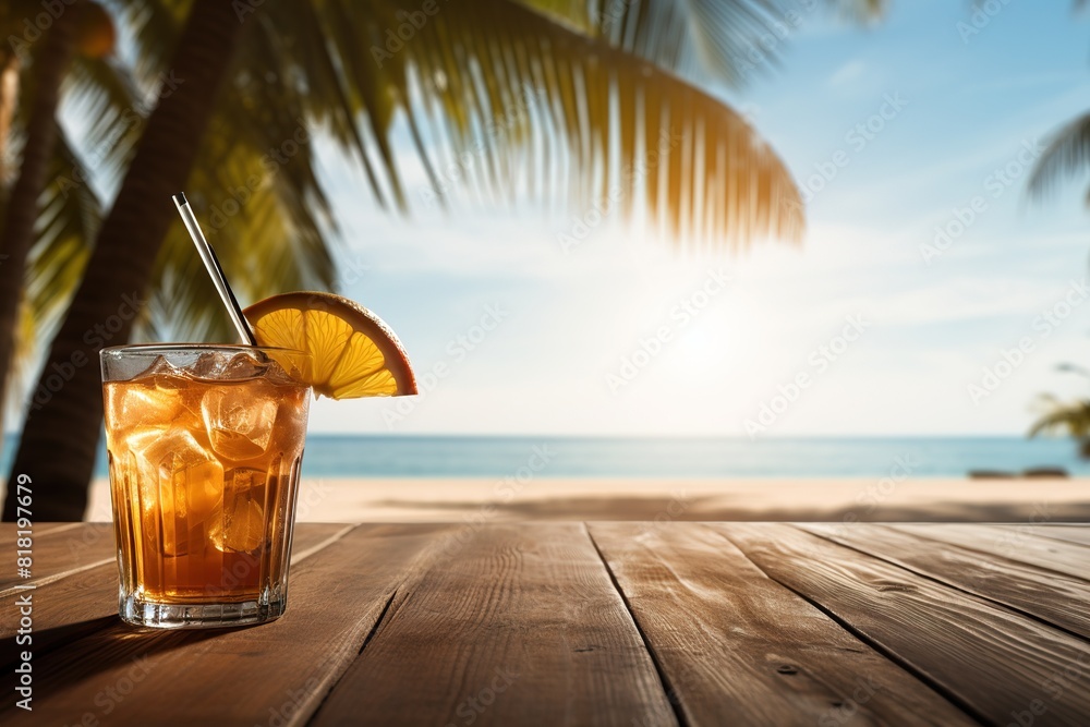 A glass of iced tea with a slice of orange on top on a wooden table