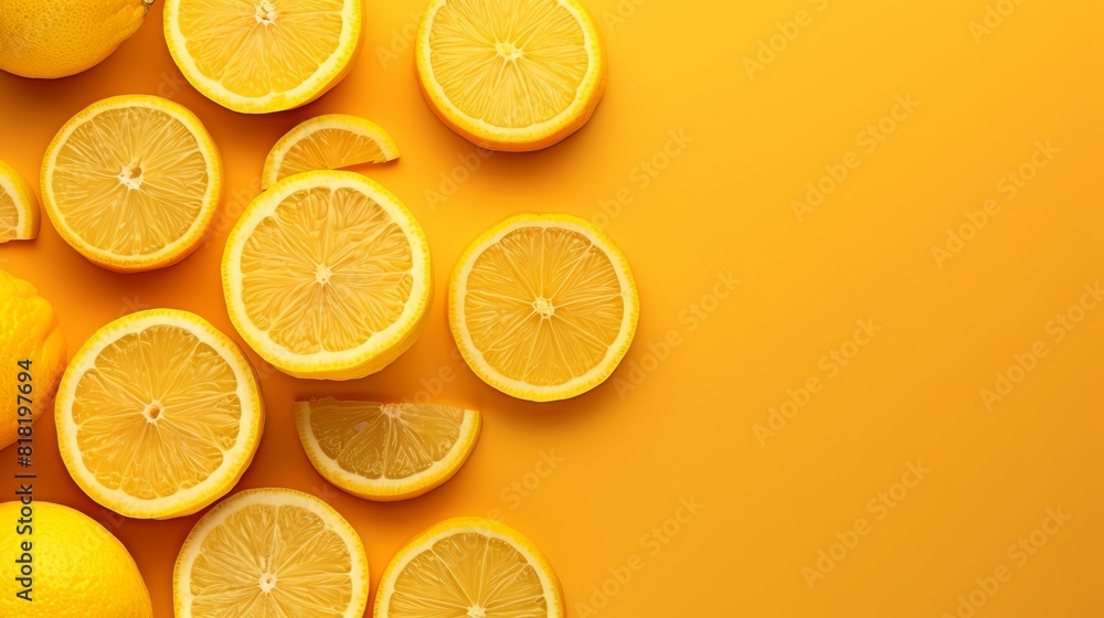 A collection of lemons arranged together against a yellow backdrop; one is halved, while another is sliced A collection of lemons arranged together against a yellow backdrop; one is halved, while another is sliced