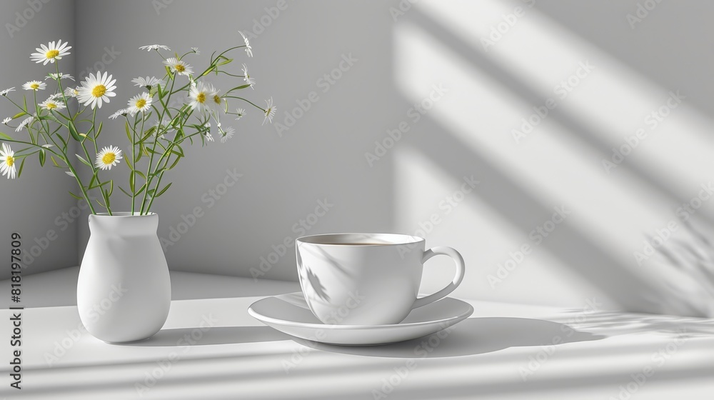 A vase of daisies and a steaming cup of coffee rest on a table, casting a shadow against the wall A vase of daisies and a steaming cup of coffee rest on a table, casting a shadow against the wall