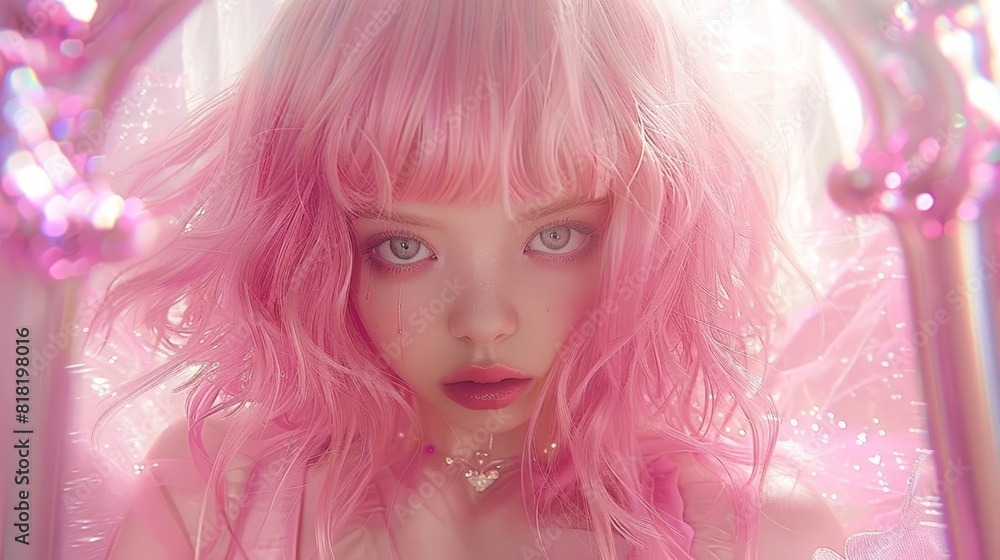 A tight shot of someone with pink-hued hair and a matching pink dress, framed against a mirror backdrop illuminated by surrounding lights A tight shot of someone with pink-hued hair and a matching pink dress, framed against a mirror backdrop illuminated by surrounding lights
