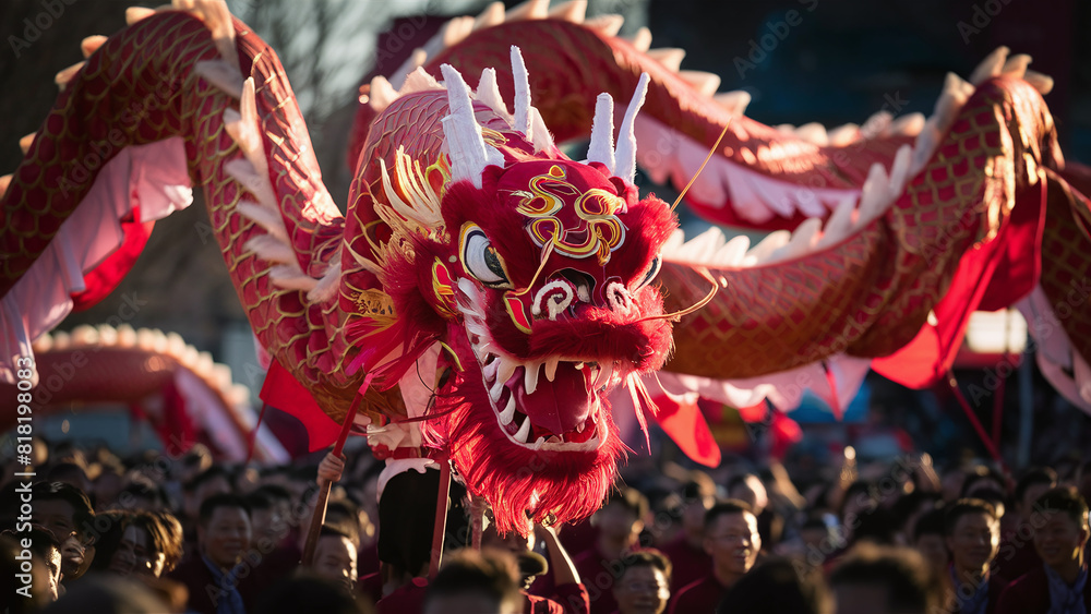 Fototapeta premium photography of red chinese dragon costume in chinese parade or New Year's celebration, during the day