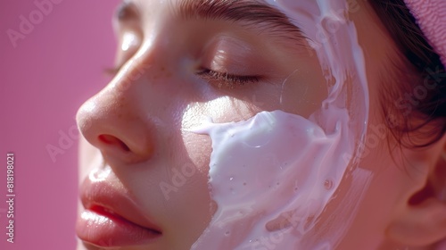 whipped cream smeared, a pink towel atop her head