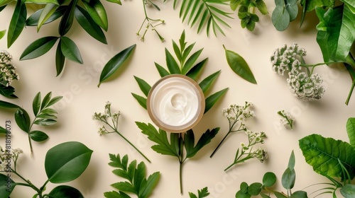  A jar of cream nestled amongst green leaves and flowers on a cream-colored surface, featuring a white creamer at its center photo