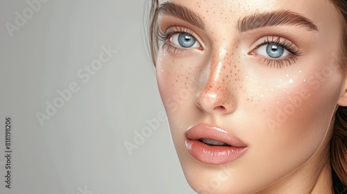  A close-up of a woman's face adorned with freckles