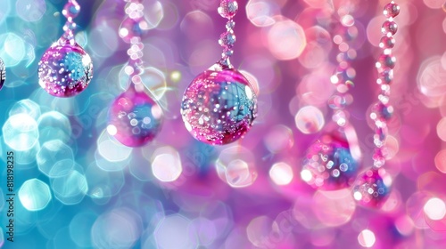  A tight shot of beads strung on a chain against a backdrop of vibrant, lit booth photo