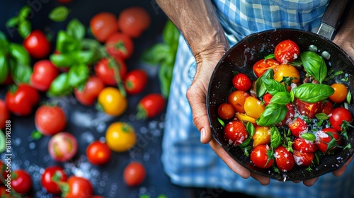  A tight shot of someone's hands cradling a bowl filled with food Tomatoes and basil sit next to it on the table