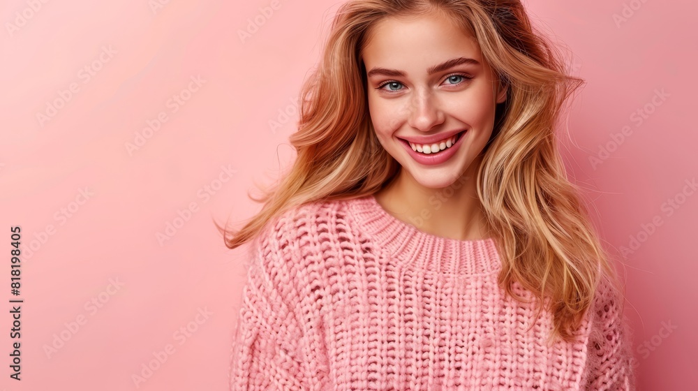 A woman in a pink sweater smiles at the camera with her hair in a ponytail A woman in a pink sweater smiles at the camera with her hair in a ponytail