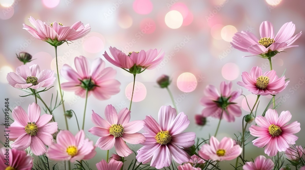 A group of pink flowers against a blurred background with lights bokeh in the distance A group of pink flowers against a blurred background with lights bokeh in the distance