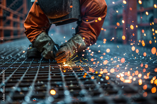 Worker skillfully welding metal grating with an acetylene torch, demonstrating precision and craftsmanship photo