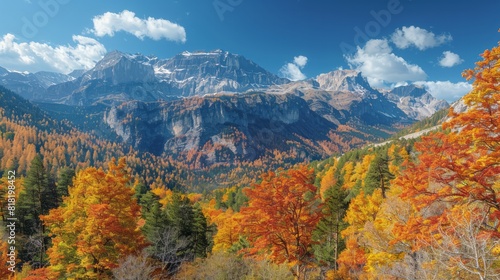 A majestic mountain range in autumn, with colorful foliage, clear blue skies, and a peaceful valley below, showcasing the beauty of nature in the fall season