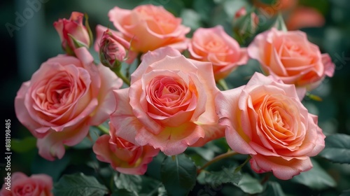  A tight shot of pink roses with nearby green leaves  background softly blurred © Jevjenijs