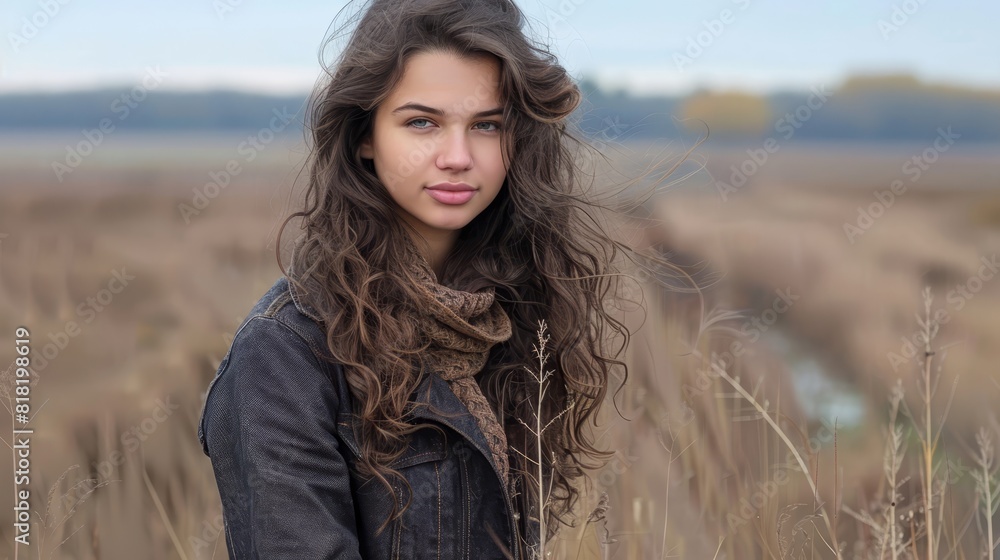 A woman with long hair stands amidst a field of tall grass, gazing into the camera with concern A woman with long hair stands amidst a field of tall grass, gazing into the camera with concern