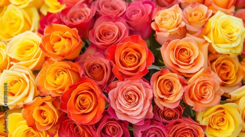  A square arrangement of multicolored roses on a white backdrop, each with a green stem, is featured at the image's center