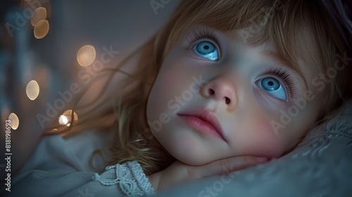  A child with blue eyes lies closely on a bed, surrounded by strings of lights in the background
