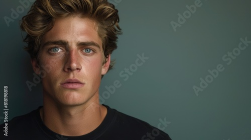  A person in a black shirt and black tee, facing close-up, against a green wall backdrop